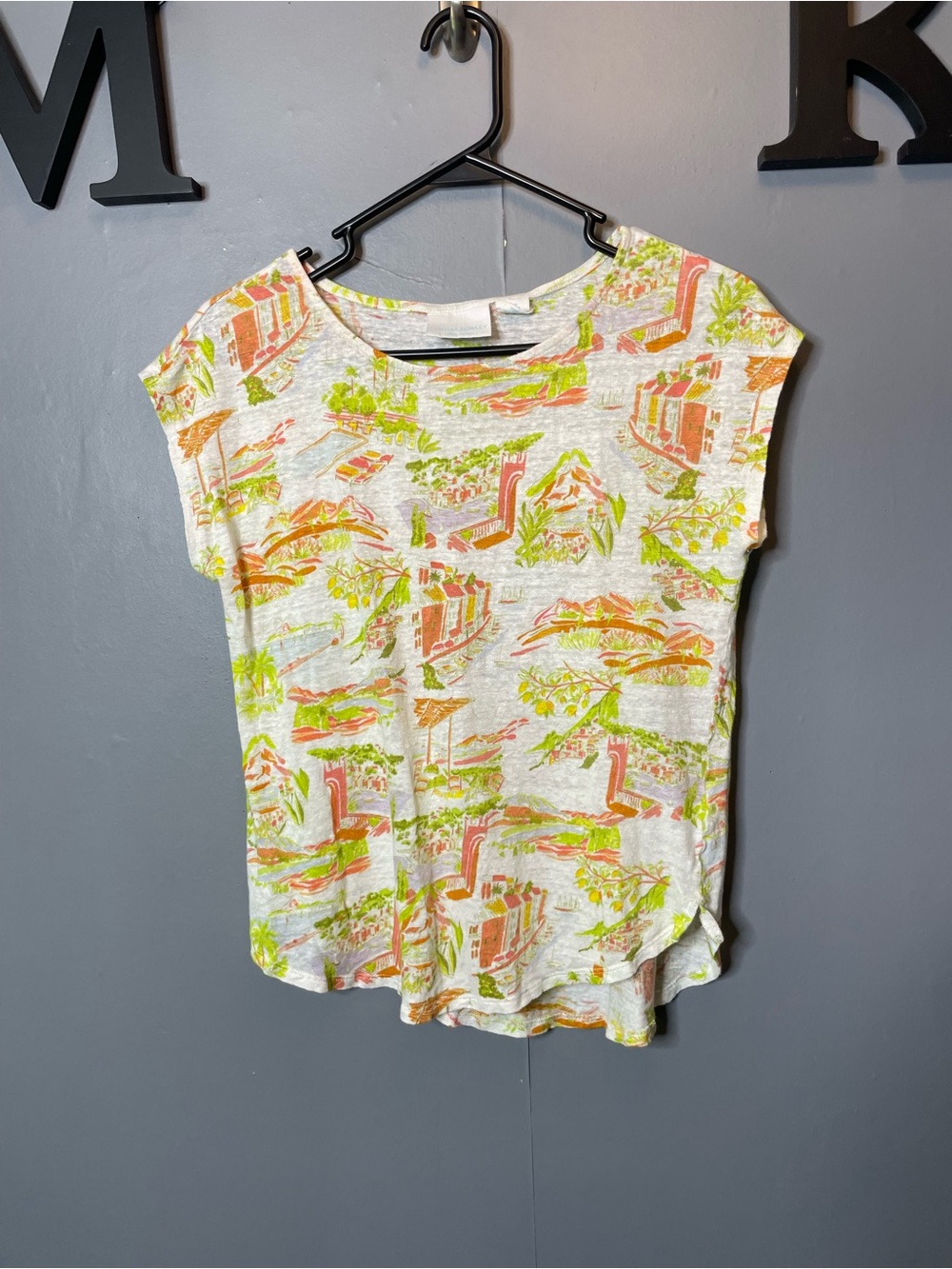 Cynthia Rowley Womens Linen Knit Top Size M Scenic Coastal Print Resort Vacation